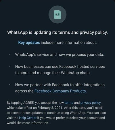 WhatsApp terms and privacy policy update January 2021