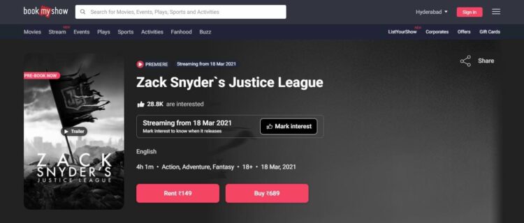 BookMyShow announces Justice League Snyder Cut India pricing