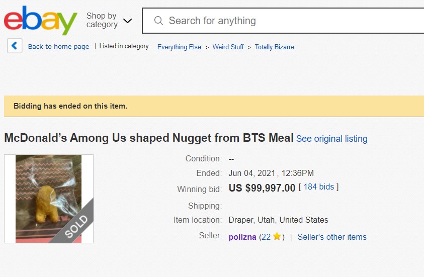 Among Us shaped Chicken Nugget sold on eBay